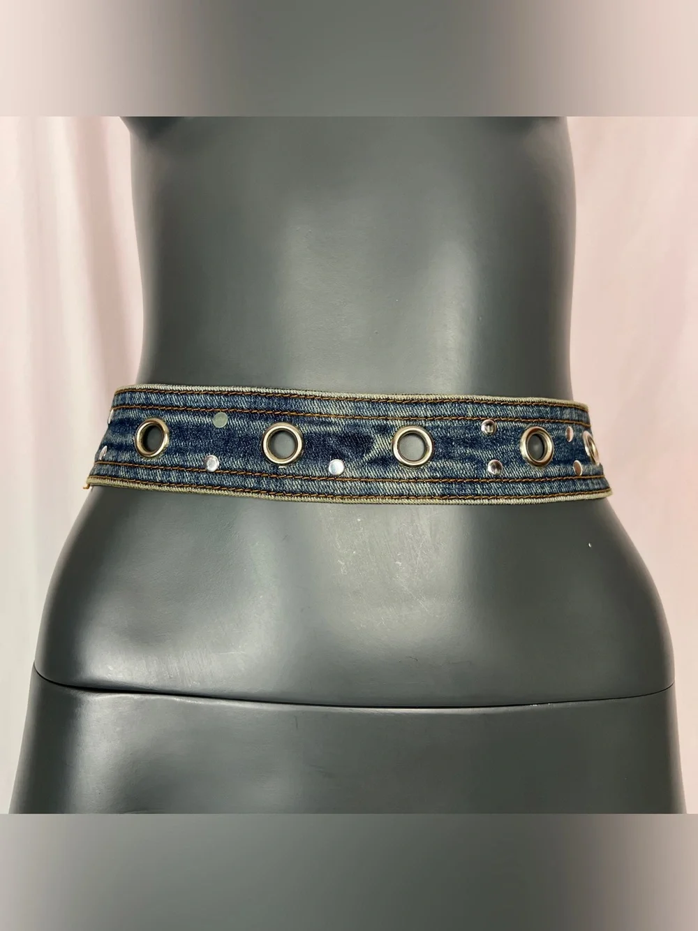 Vintage Y2K Blue Denim Fabric Grommet Belt